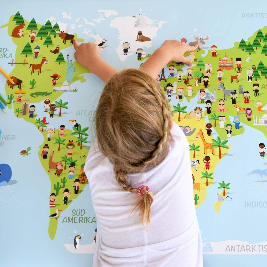 Weltkarte Kinder Bunt - Tiere, Menschen, Sehenswürdigkeiten, Deutsch   | World map children colorful - animals, people, sights, German