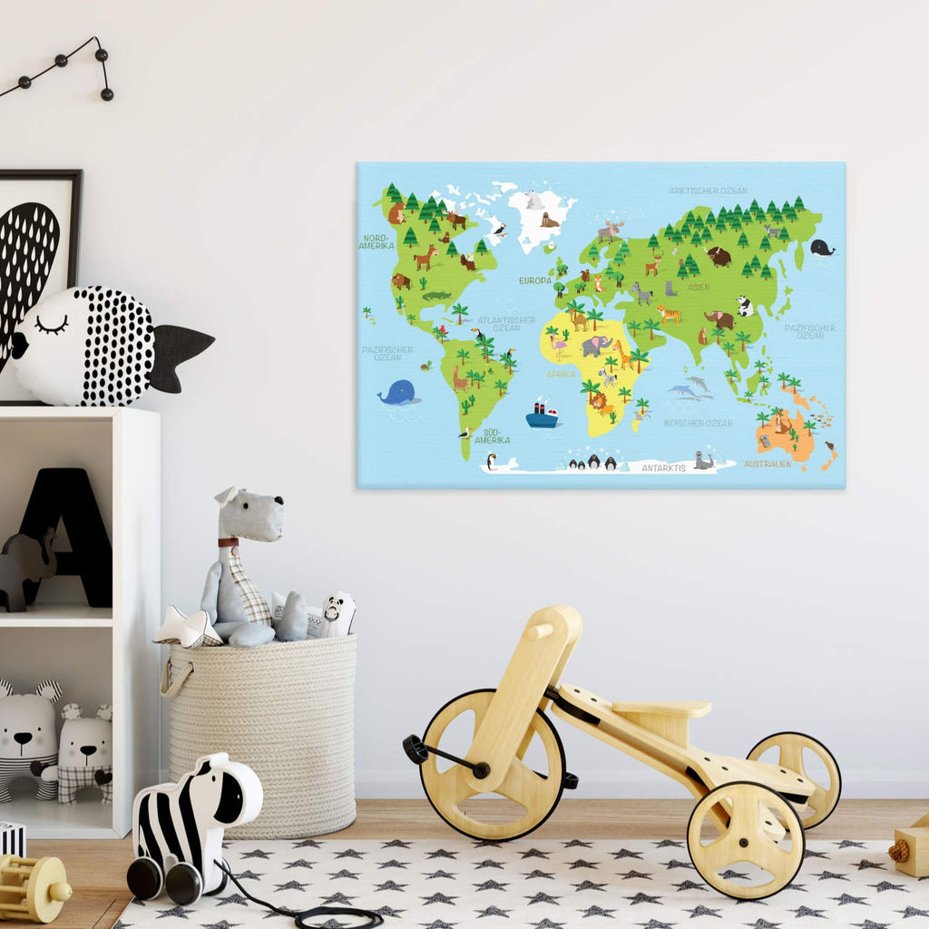 Weltkarte Kinder Bunt - Tiere, Deutsch   | World map children colorful - animals, German