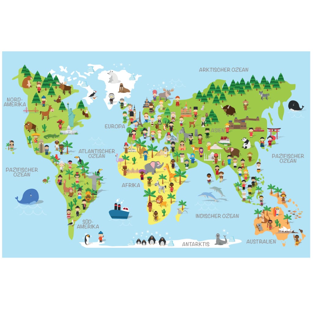 Weltkarte Kinder Bunt - Tiere, Menschen, Sehenswürdigkeiten, Deutsch   | World map children colorful - animals, people, sights, German