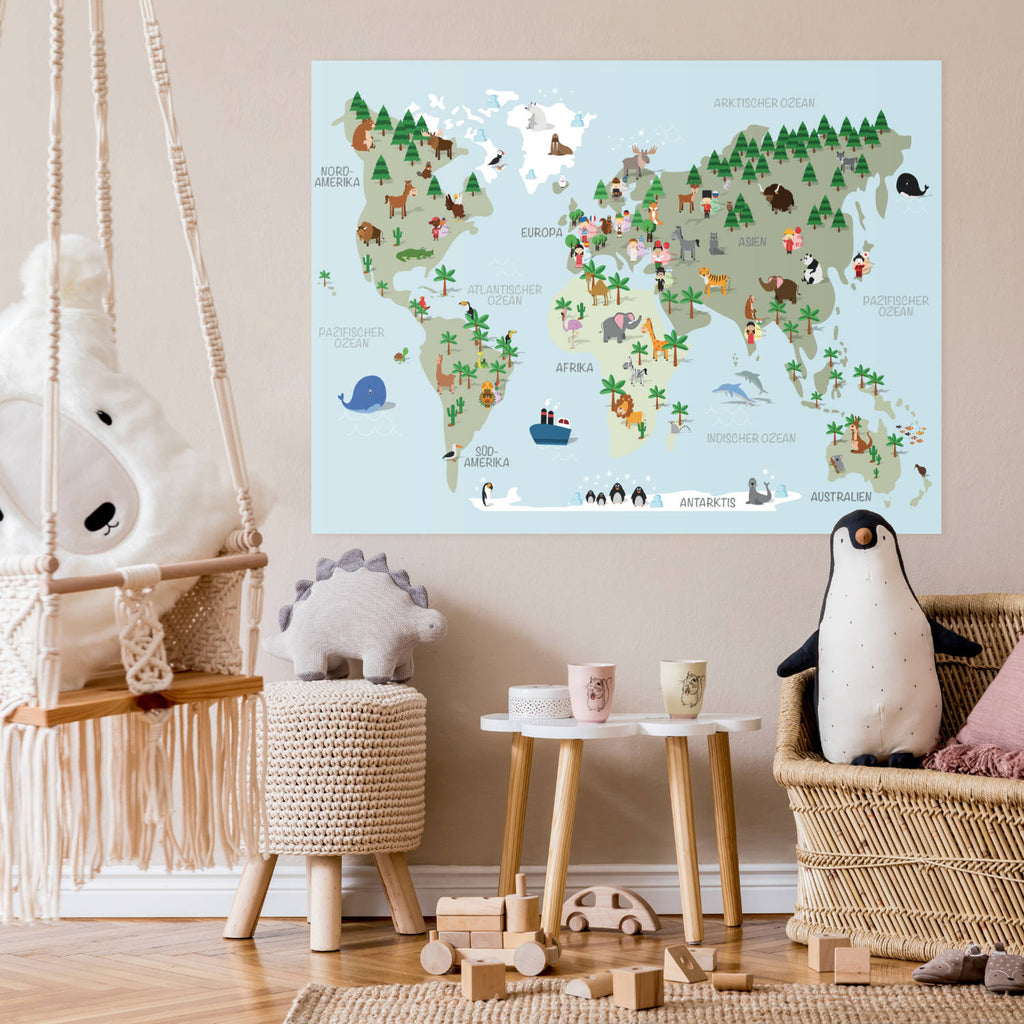 Weltkarte Kinder Hellblau - Tiere und Sprachen, Deutsch   | World map children light blue - animals and languages, German