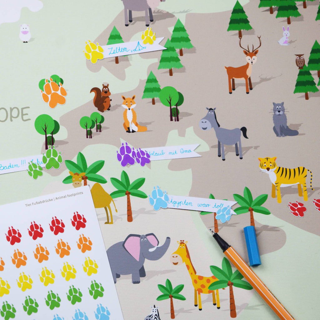 Weltkarte Tiere fuer Kinder mit Pfotenstickern